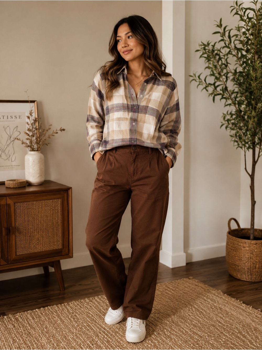 Wilfred Plaid Button-Down Shirt in Cream & Brown with Zara Corduroy Pants